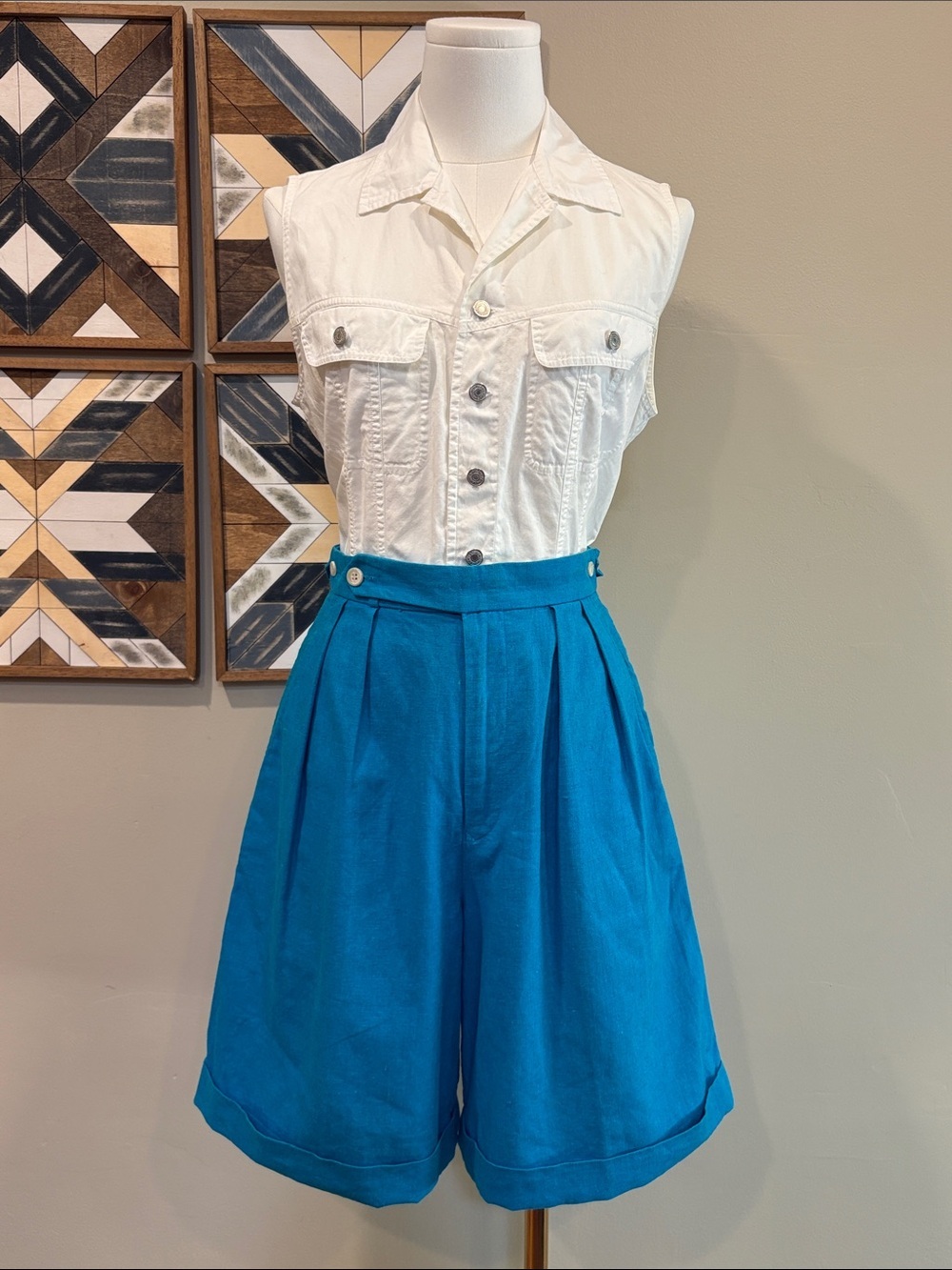 Vintage Ralph Lauren Turquoise Blue Linen Cotton High-Rise Bermuda Shorts size 6